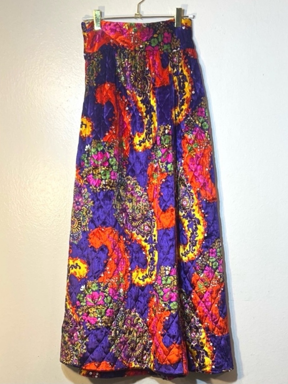 70s Vintage OOAK Handmade Quilted Colorful Paisley Velvet Maxi Skirt XS DayGlo